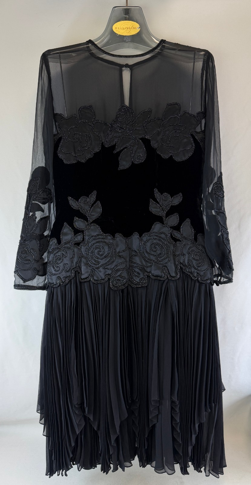 Vintage FONTANA COUTURE Fit & Flare Dress 42 Black Sheer Velvet Satin Floral S