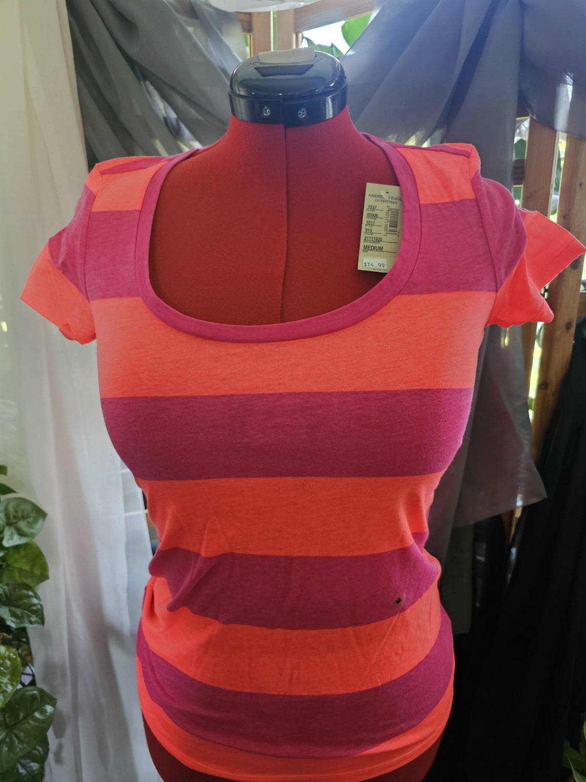vintage y2k womens top pink and orange American Eagle Outfitters medium scoop
