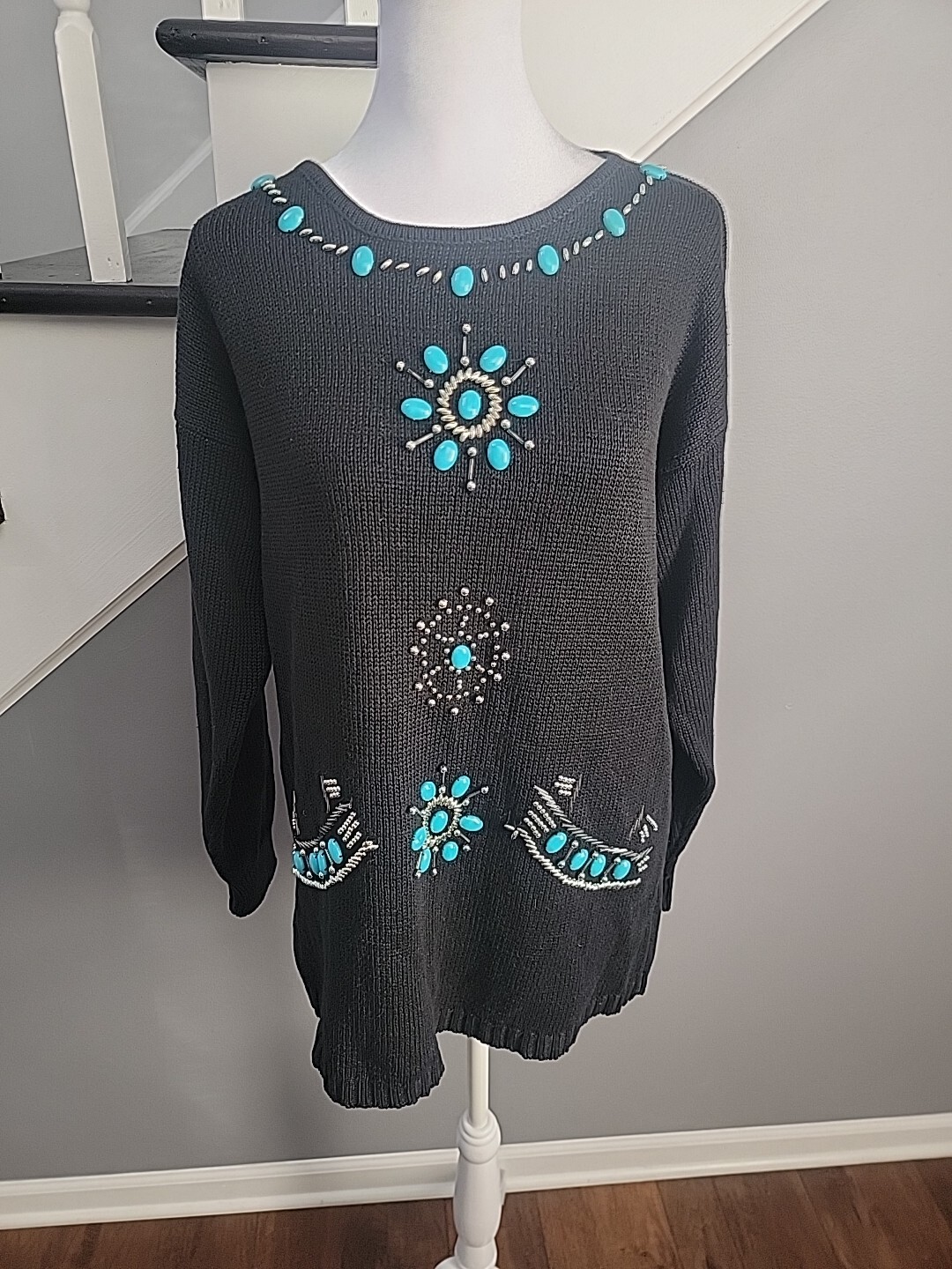 Vintage Le Chois Sweater Southwest Style Turquoise And Silver Beading Ramie S
