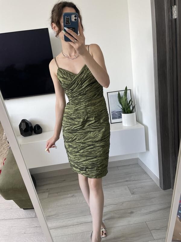 Vintage cocktail Dress Green gasoline size 4 pleated draped Niki by Niki Livas