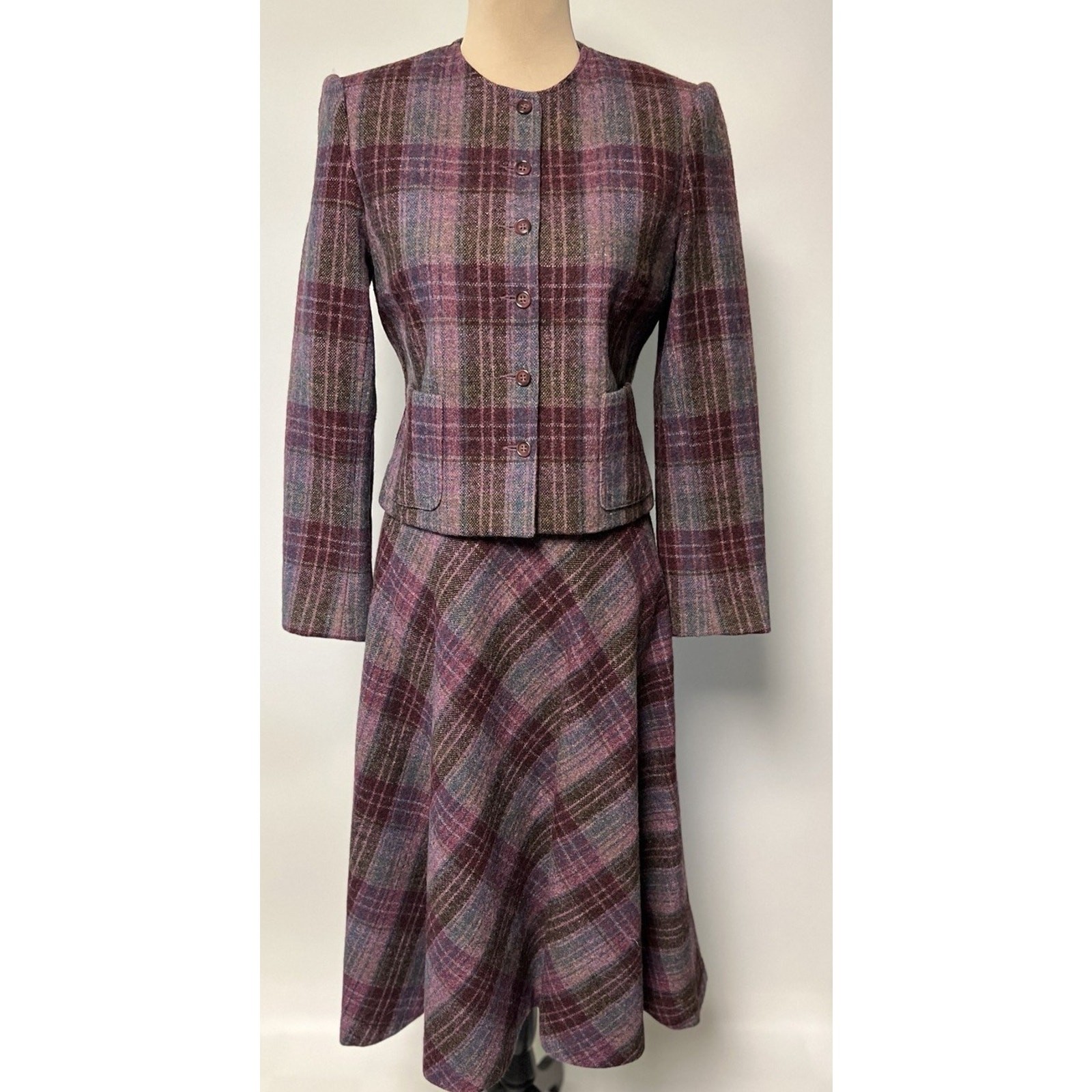 70s Purple Plaid Tweed Wool Blazer Suit Jacket Midi Skirt Size 6 Dark Academia