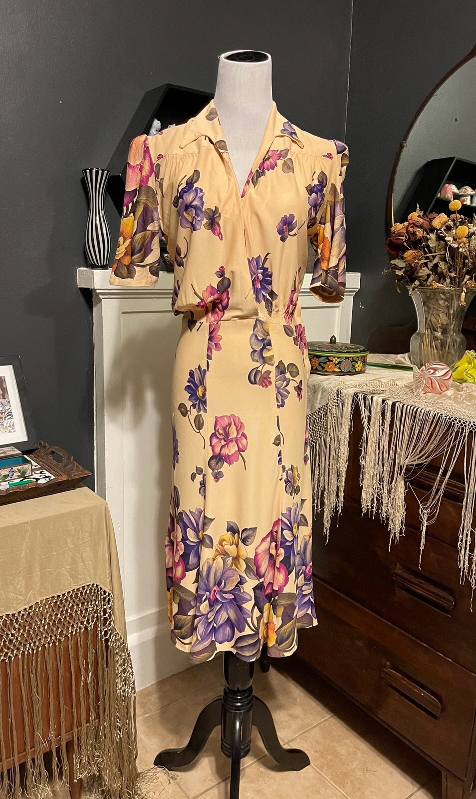 1930’s Rayon Jersey Magnolia Flower Dress | Purple Pink Yellow