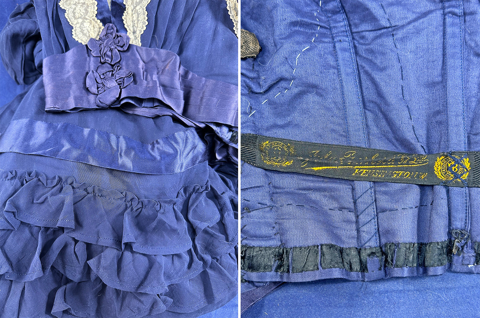 Victorian Royal Blue Silk Lace Leg o Mutton Sleeve Bodice Skirt Kensington Dress