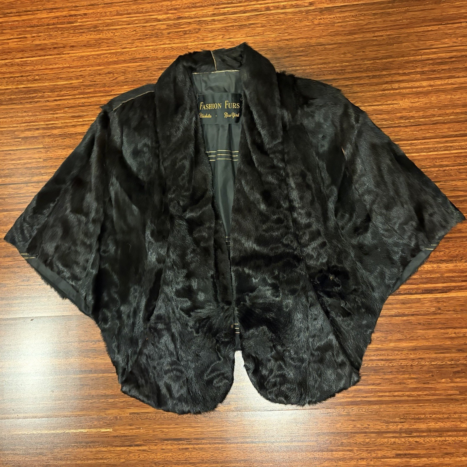 Vintage Dimitrios New York Black Curly Lamb & Mink Fur Cape Coat Stole Monogram
