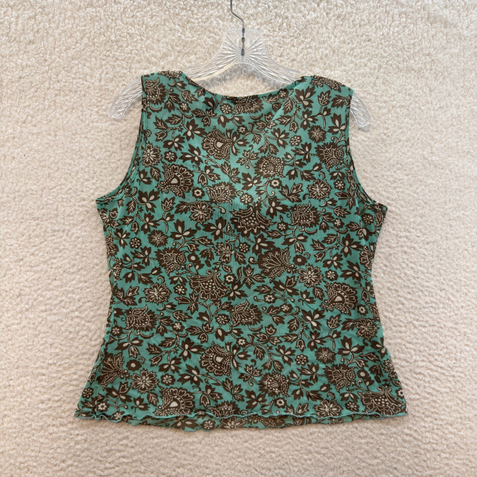 Y2K Vintage Top Large XL Blue Brown Floral Mesh Cowl Neck Corpcore Career Office