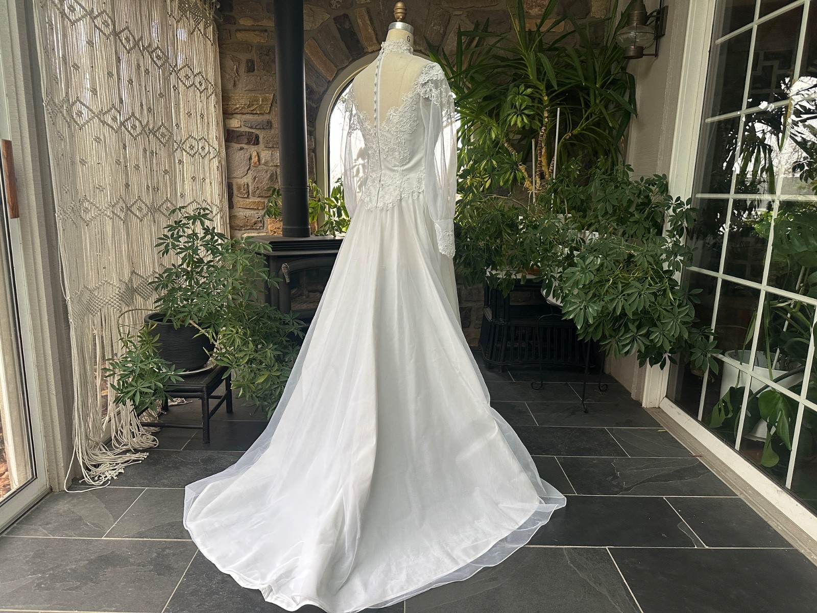 Vintage 1970s White High Neck Nylon Chiffon and Lace Wedding Gown