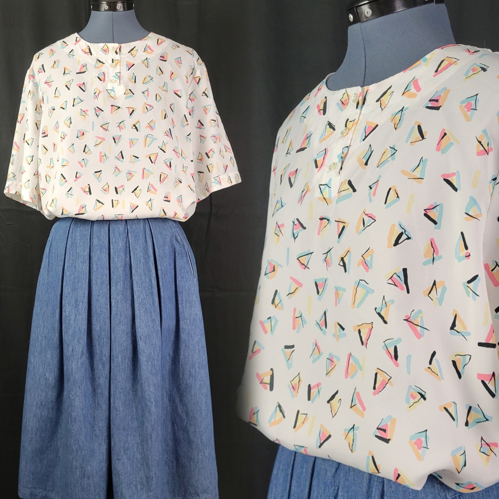 Vintage Alicia S/S Collarless White Blouse w Pastel Triangle Print Size 18