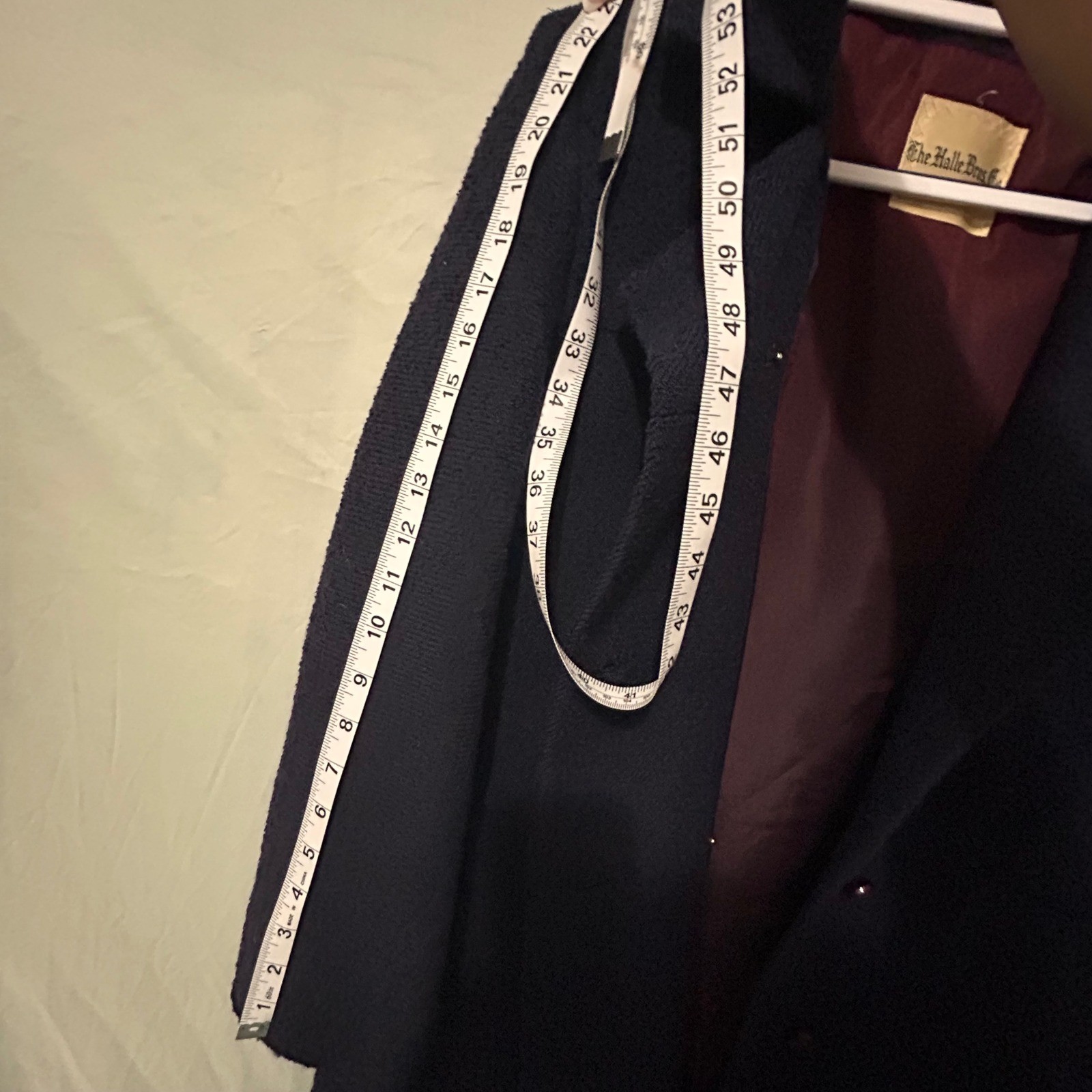 Vintage Halle Bros Co Navy Blue Wool Double Breasted Overcoat Union Made 22 PTP