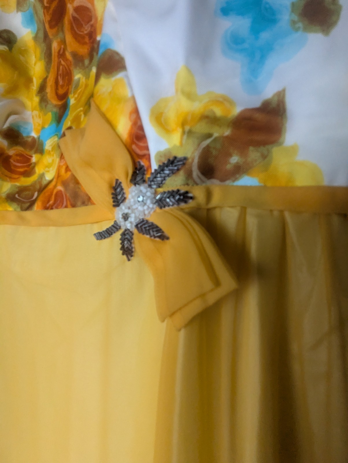 Vintage 1960s Emma Domb California Yellow Floral Chiffon Empire Maxi Gown USA 9