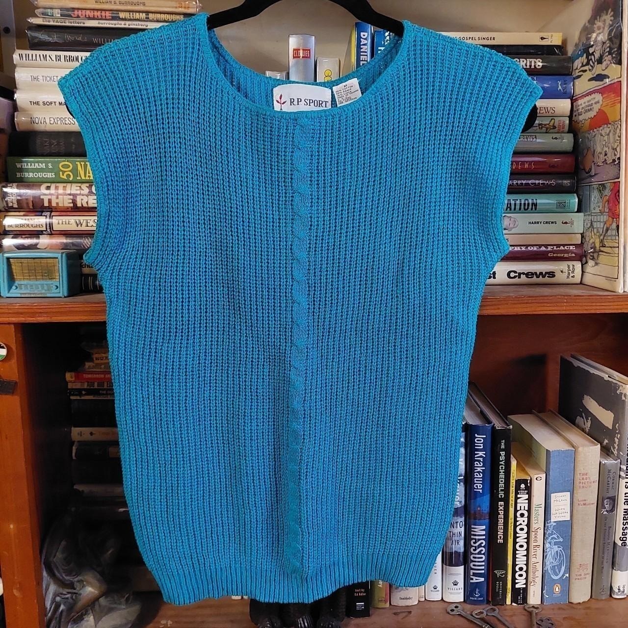 Vintage 46% cotton and 14 linen blue knit sweater vest.