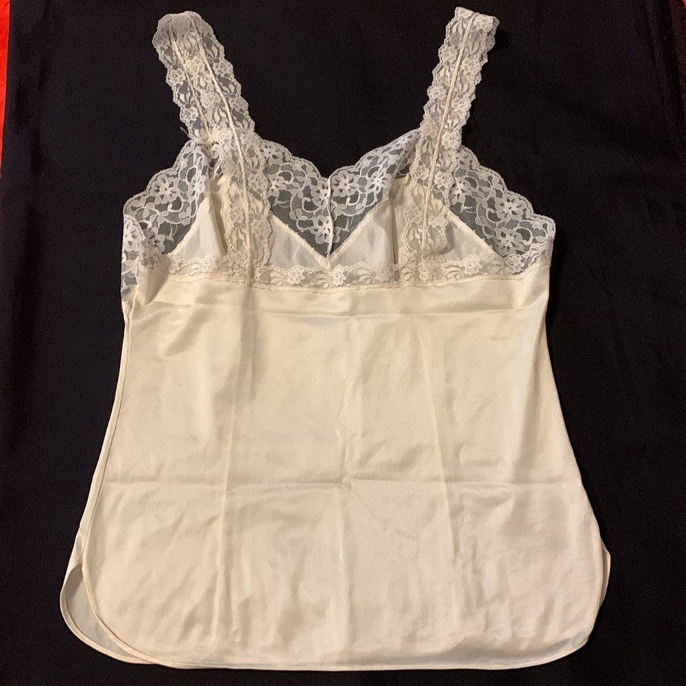Women’s Ivory Satin Camisole Lingerie Top with Lace Trim, Satin Fabric