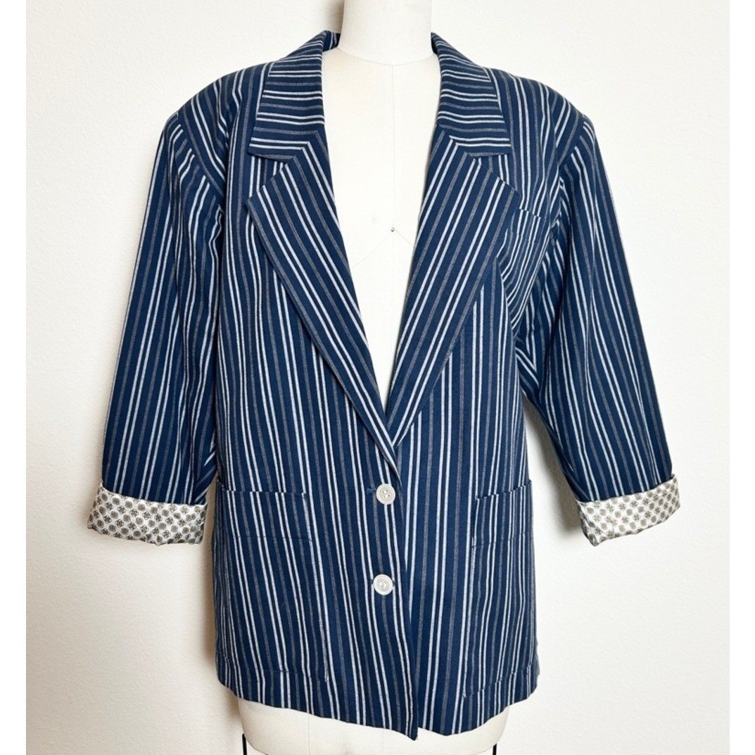 Vintage Liz Claiborne 100% Cotton Prepcore Striped Navy Blue Women’s Blazer M