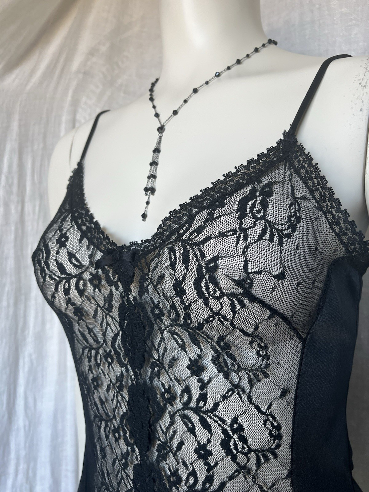 Vintage Lace Camisole Slip Top Black Sexy Evening Gothic Romantic 70s Lingerie M