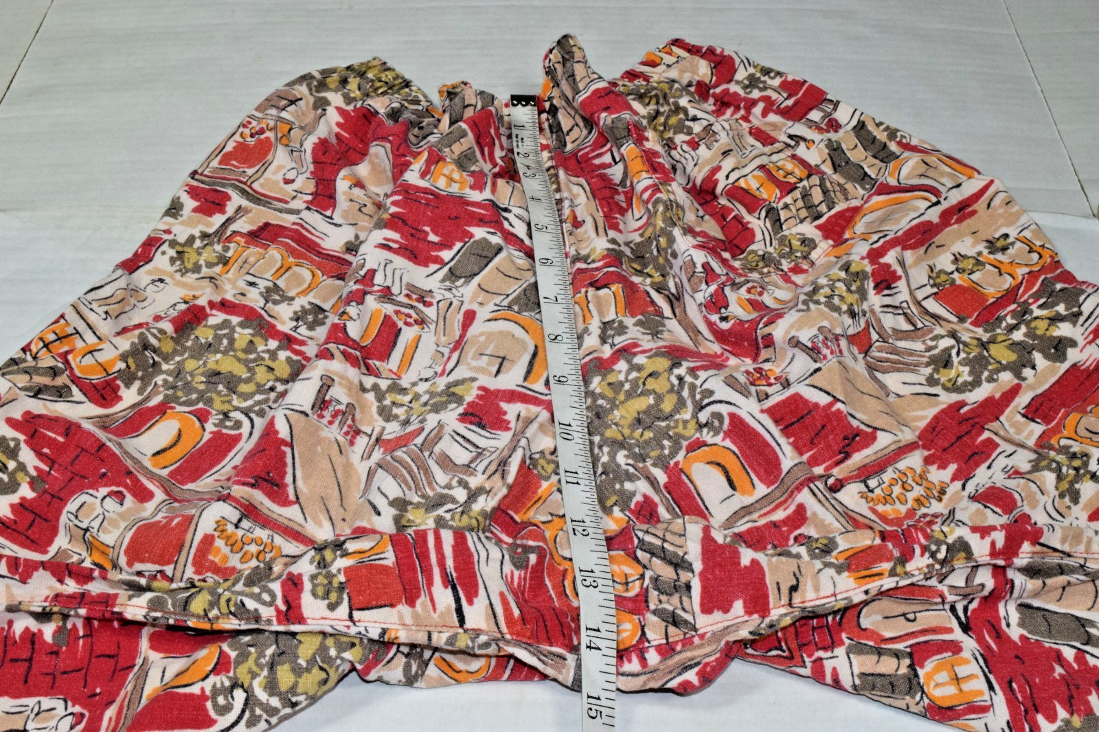 Vintage Womens Cropped Pull On Pant Size L 90s Terracotta Red French Villa Print