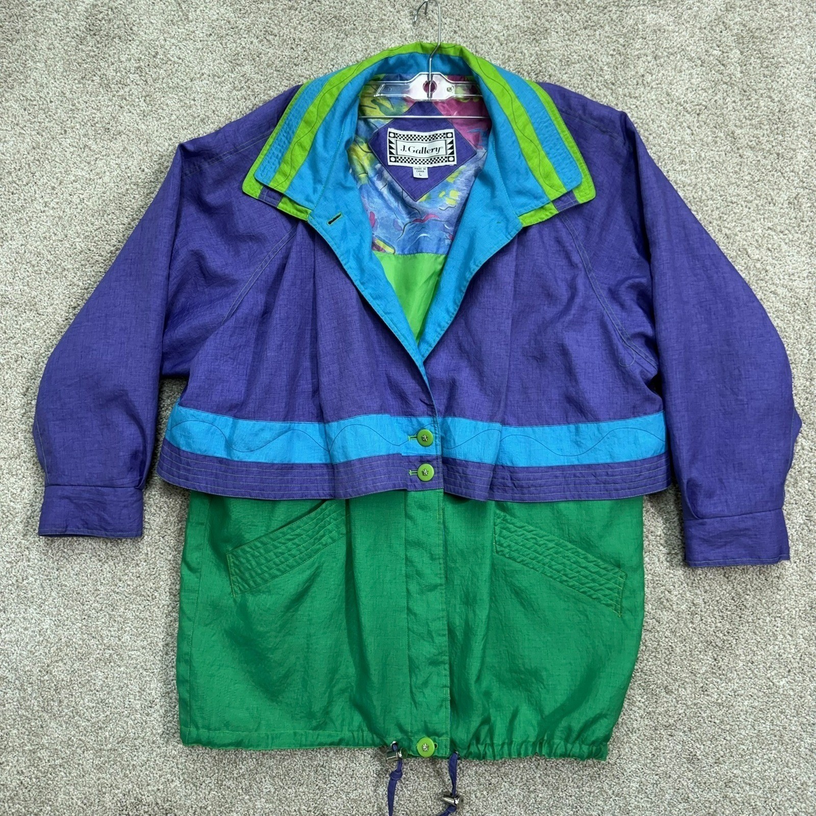 J. Gallery Windbreaker Jacket Womens Large Purple Green Blue 90s Vintage Retro