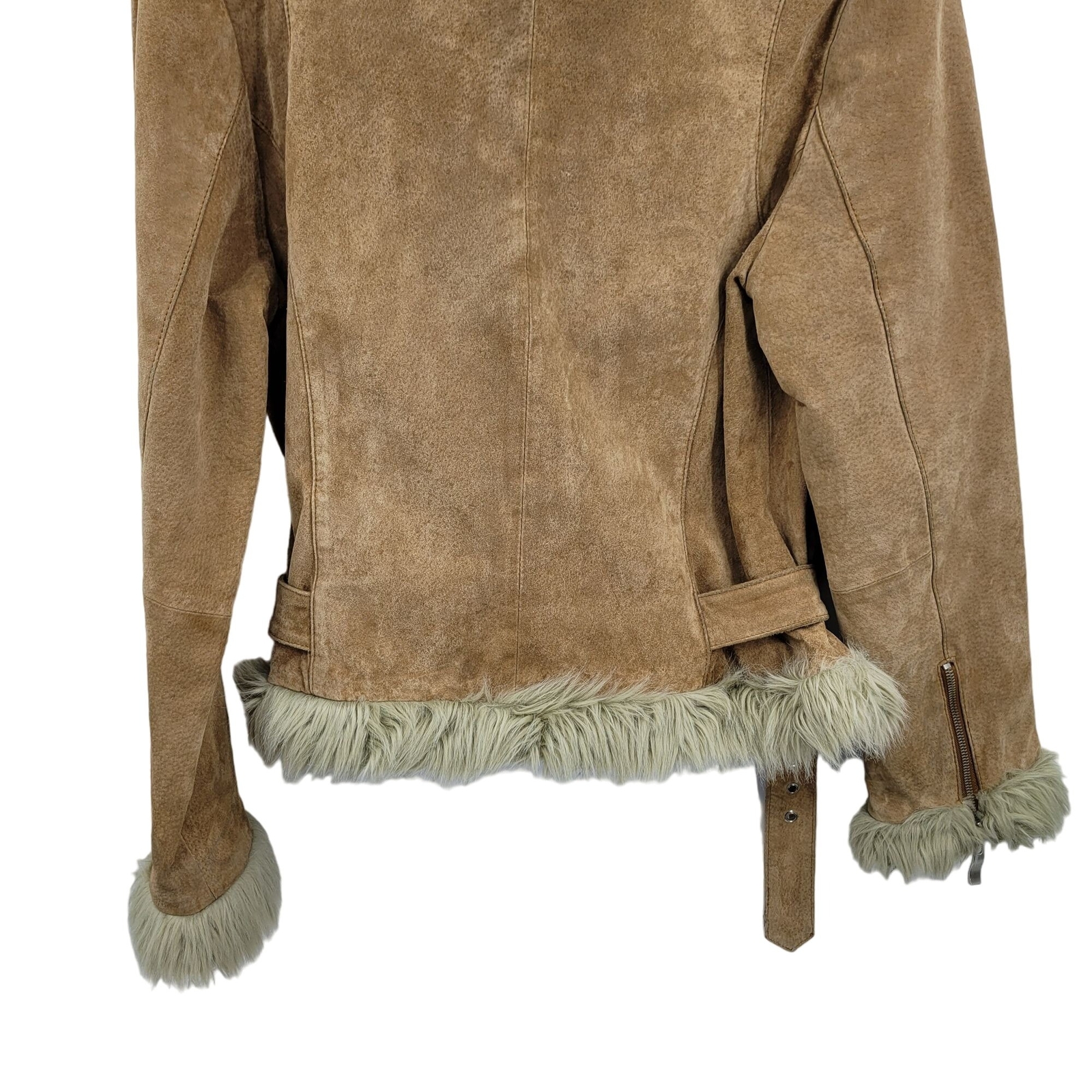 Vintage 80’s Wilson’s Leather Jacket Tan L Belted Faux Fur Trim Snow Bunny