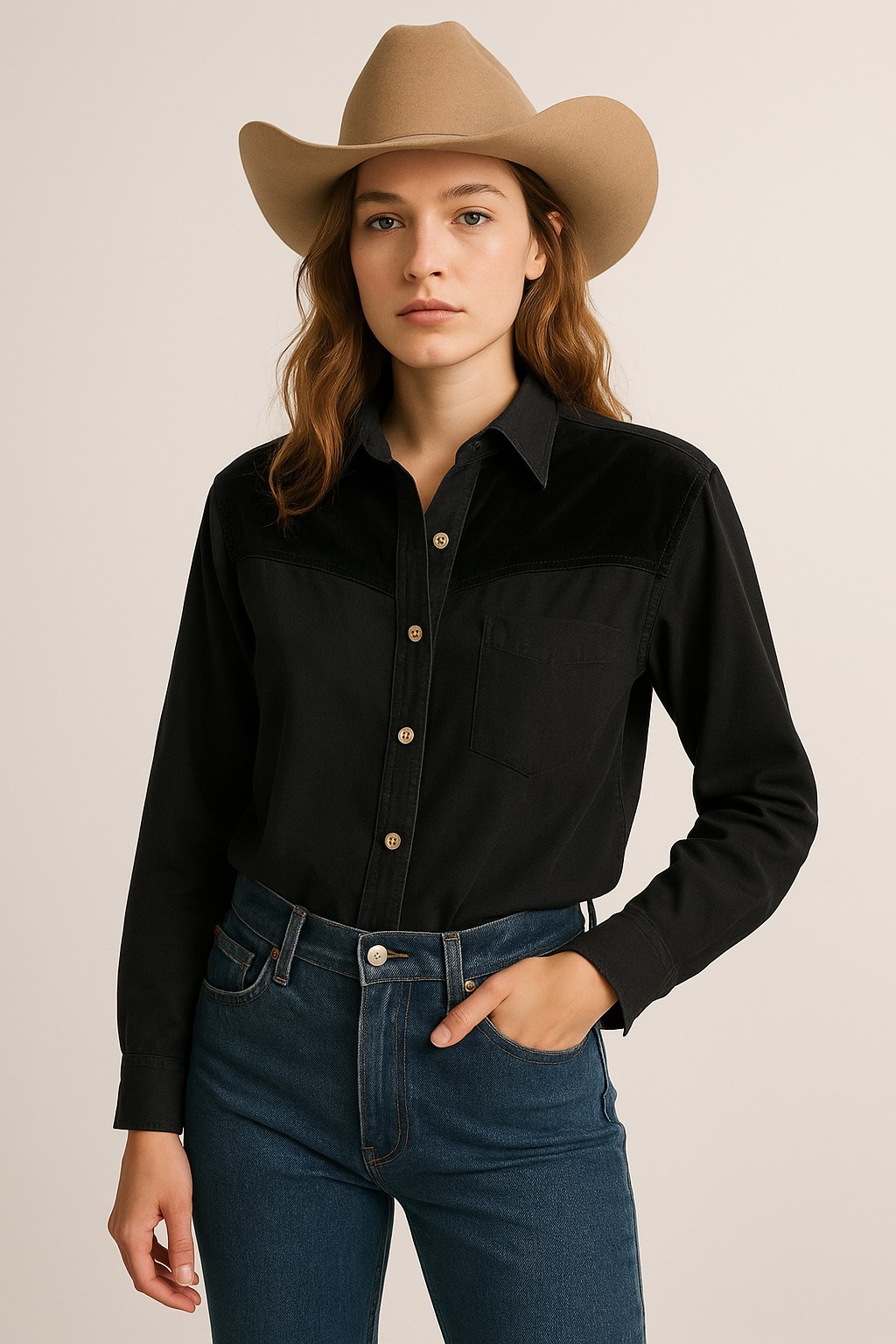 Lawman Western Denim Shirt Black Velvet Shoulder Yoke Snap Front 100% Cotton…