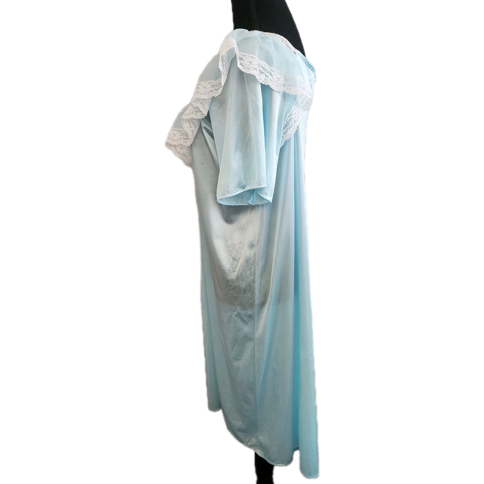 Vintage 80s Romantic Moods Nylon Nightgown Lace Trim Blue Ruffle SZ M Cottagecor