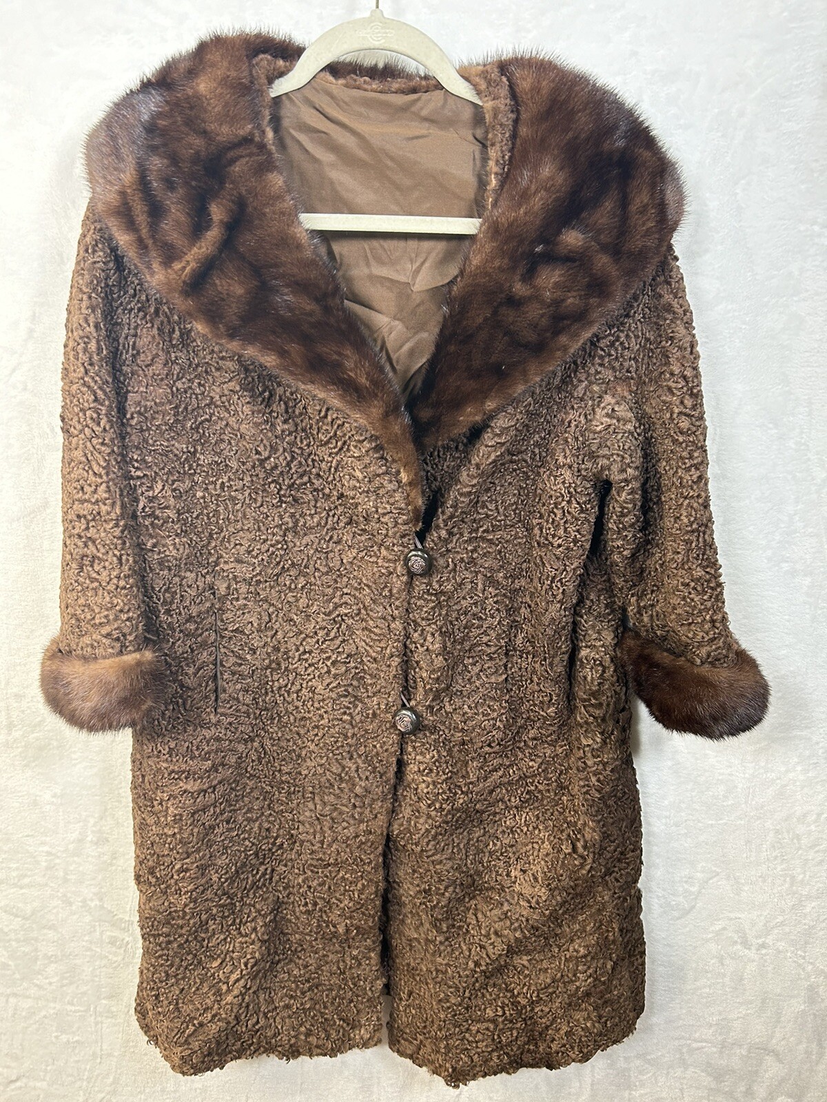 Vintage 1950’s Curly Dark Brown Persian Lamb Wool Coat with Mink Collar