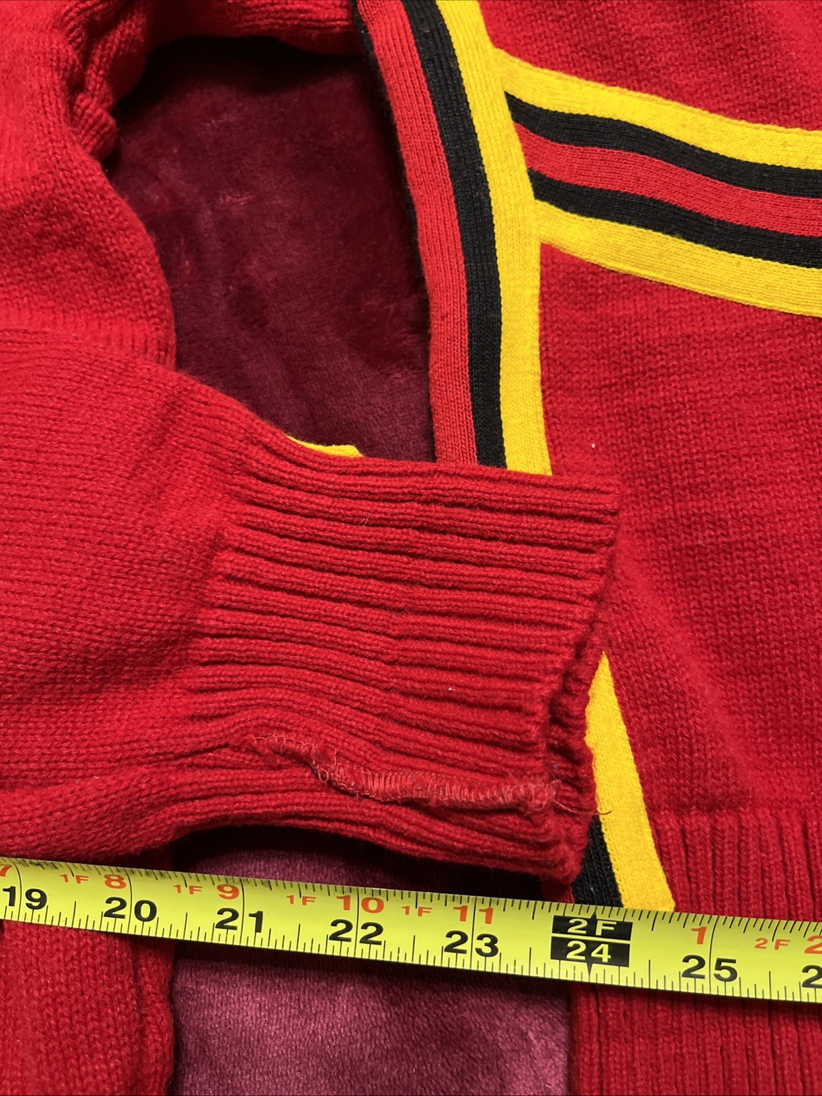 Vintage 80s Cheerleader Knit Sweater Red Black Gold Striped USA Made Medium