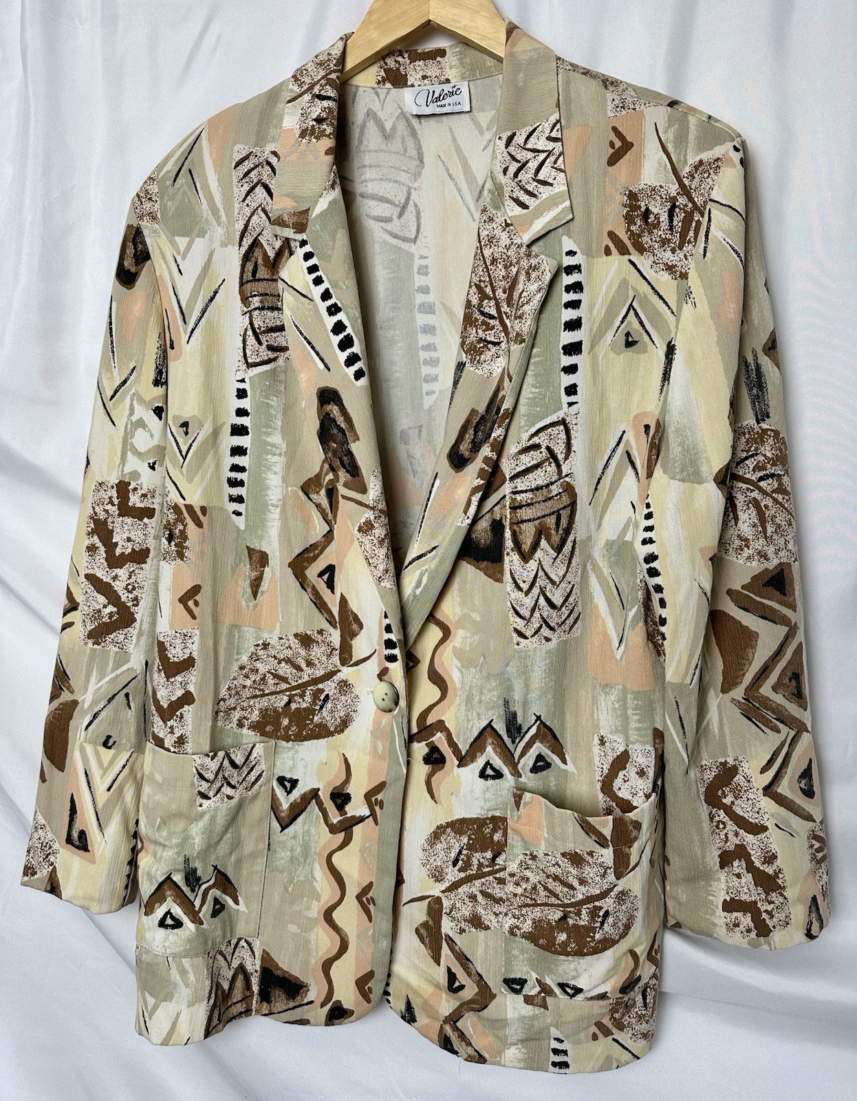Vintage Geometric Botanical All Over Print Blazer Pastel Earthtone Valerie Sz L