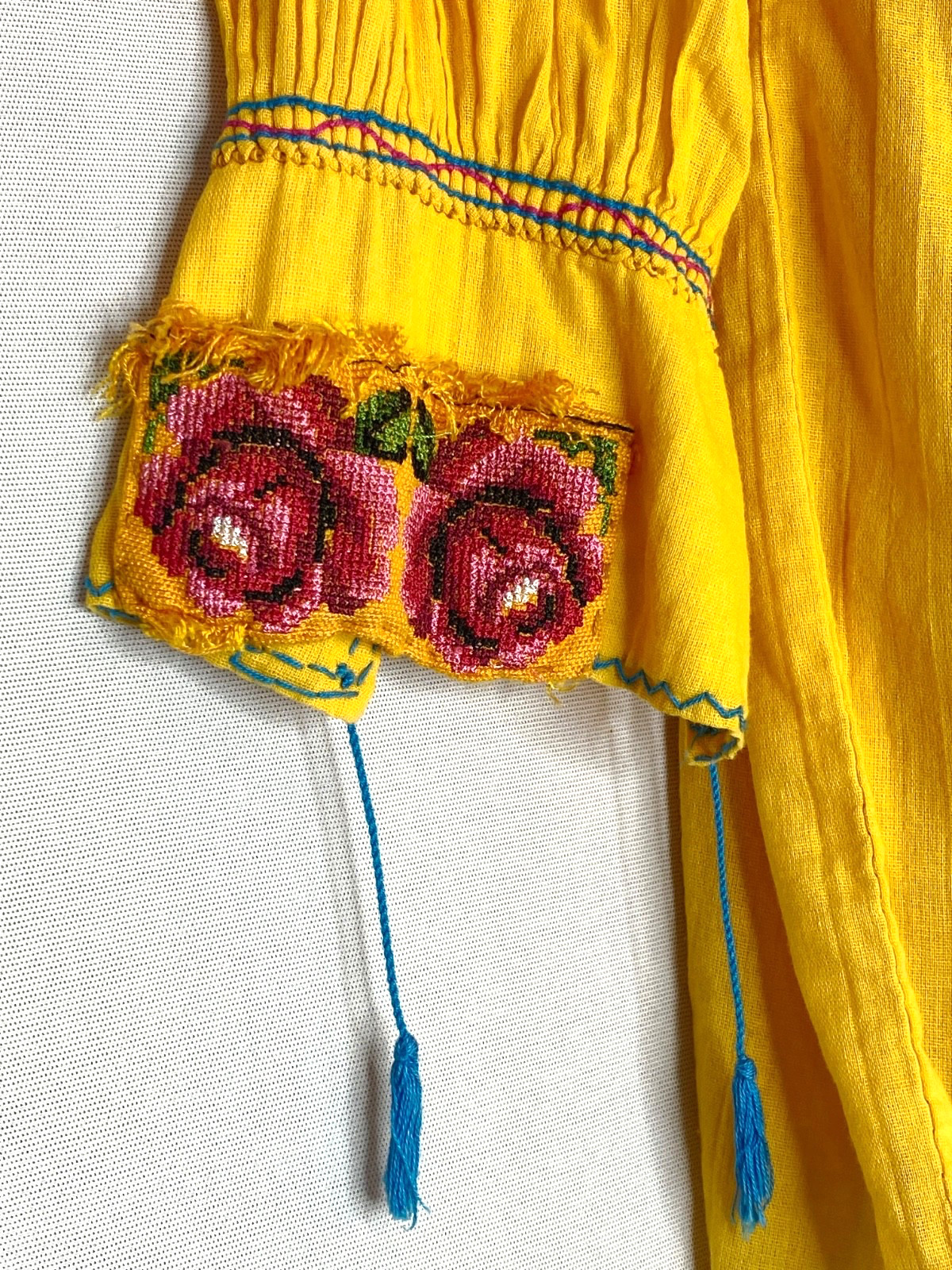 Vintage yellow floral embroidered tunic top long sleeves pink blue cotton boho