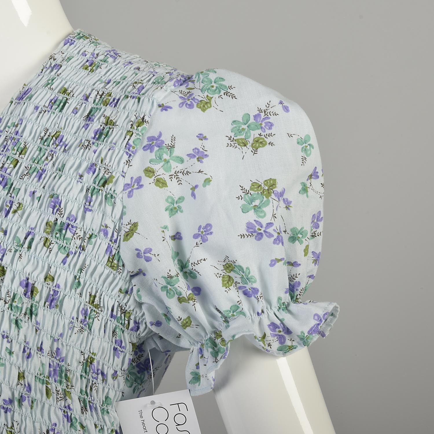 1970s XS Light Blue Smocked Tie Back Floral Blouse Short Balloon Sleeves
