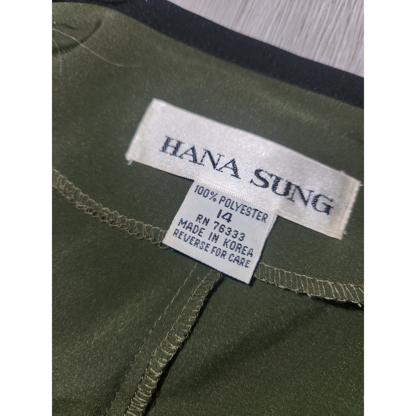 Hana Sung NEW Vintage Olive Green Wavy Trim Button Front Midi Dress Size 14