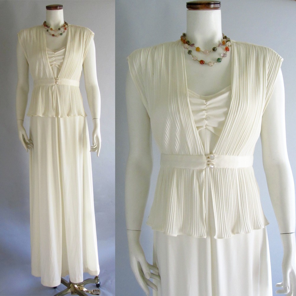 Vintage 1970s Pleated Peplum Top Maxi Dress Set Grecian Casual Bridal