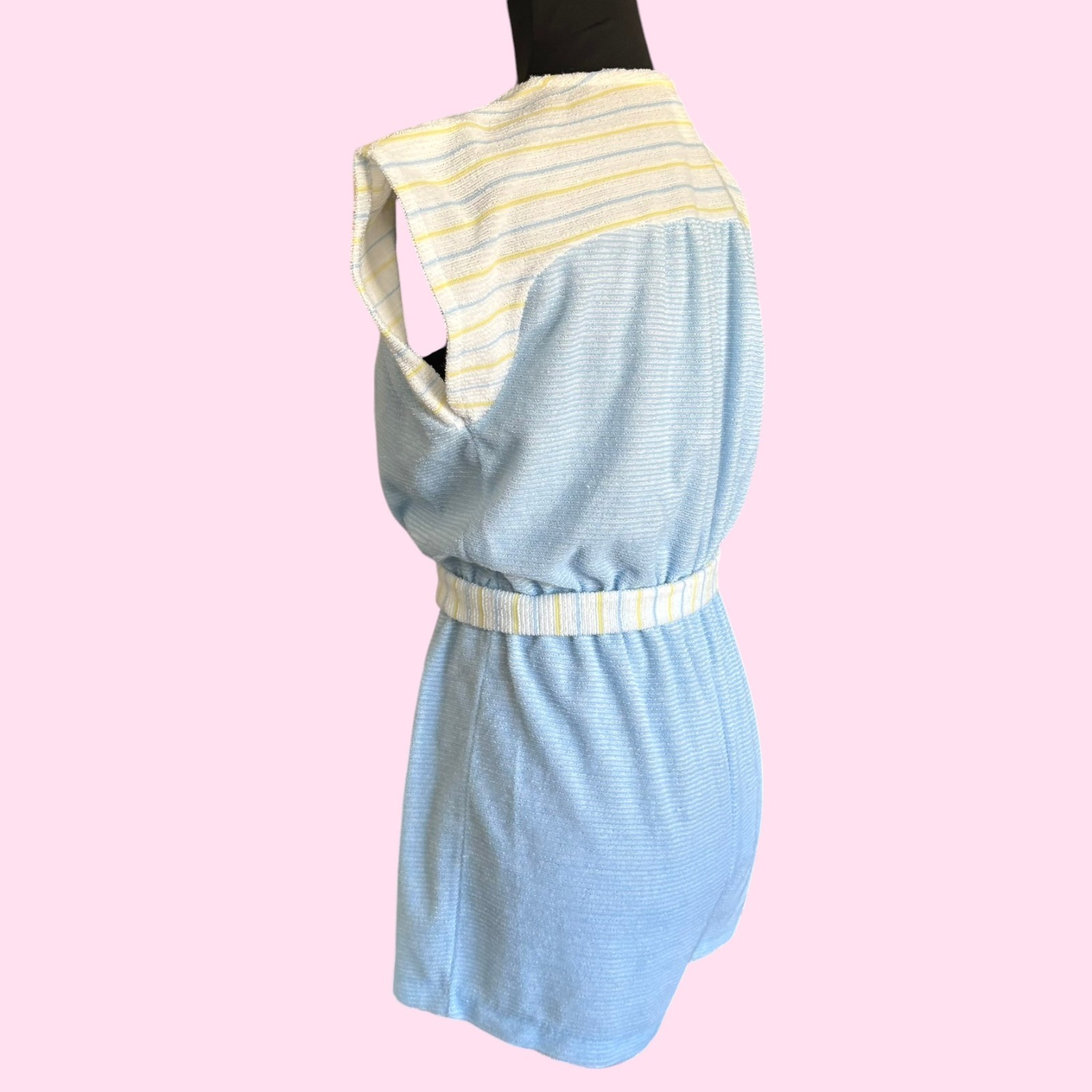 Vintage 70s Pastel Blue Striped Terry Cloth Romper Playsuit by Gina Size M