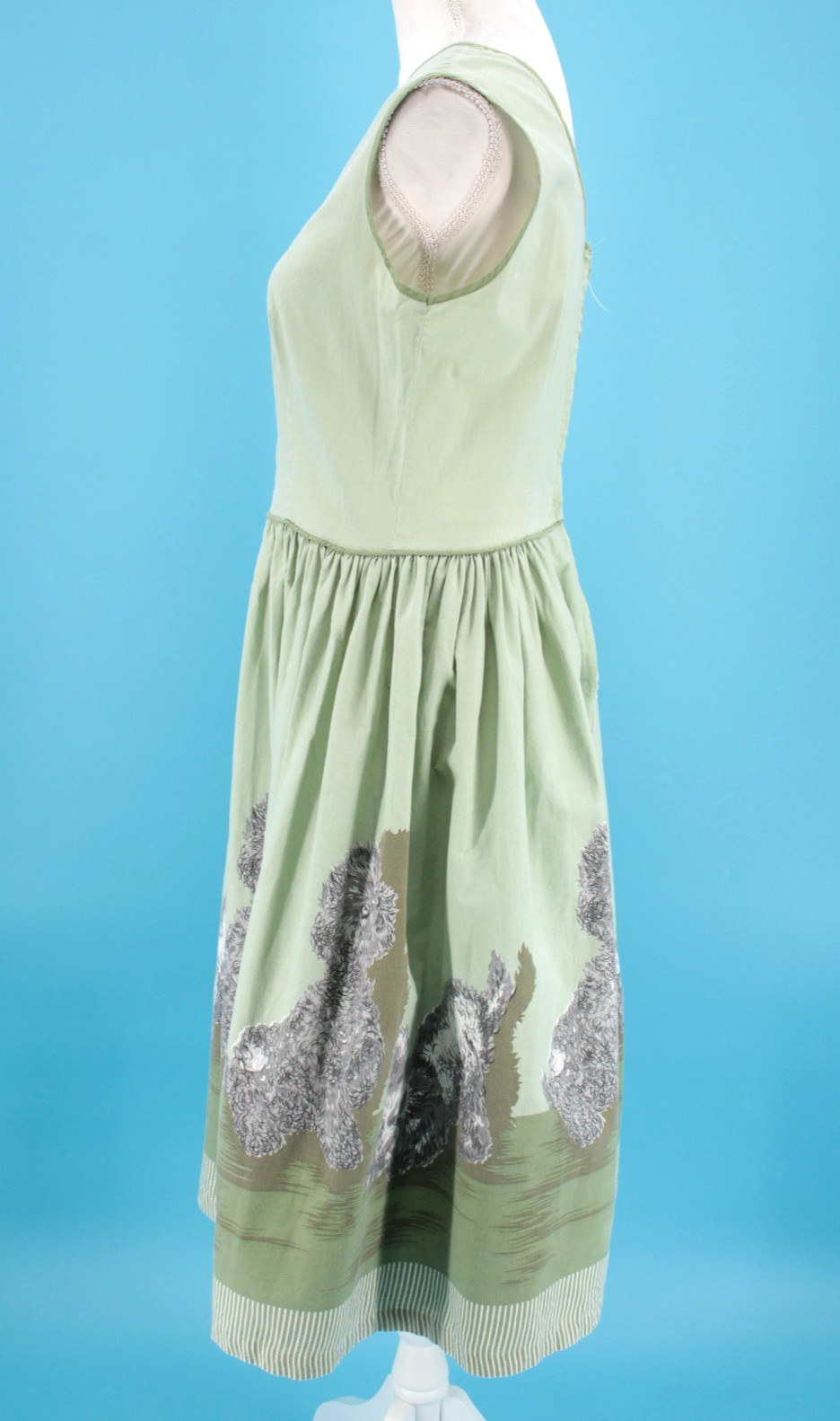 VTG Women’s 50s Sage Green Novelty Puppy Print Cotton Sun Dress S/M 1950s Dog