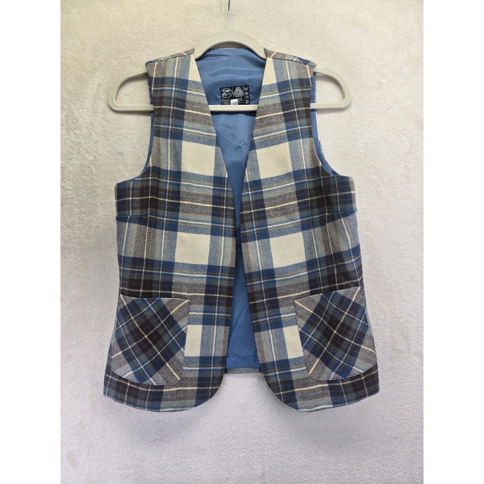 Vintage Pure New Wool Plaid Vest and Kilt Skirt Set Blue Brown Academic Size 12