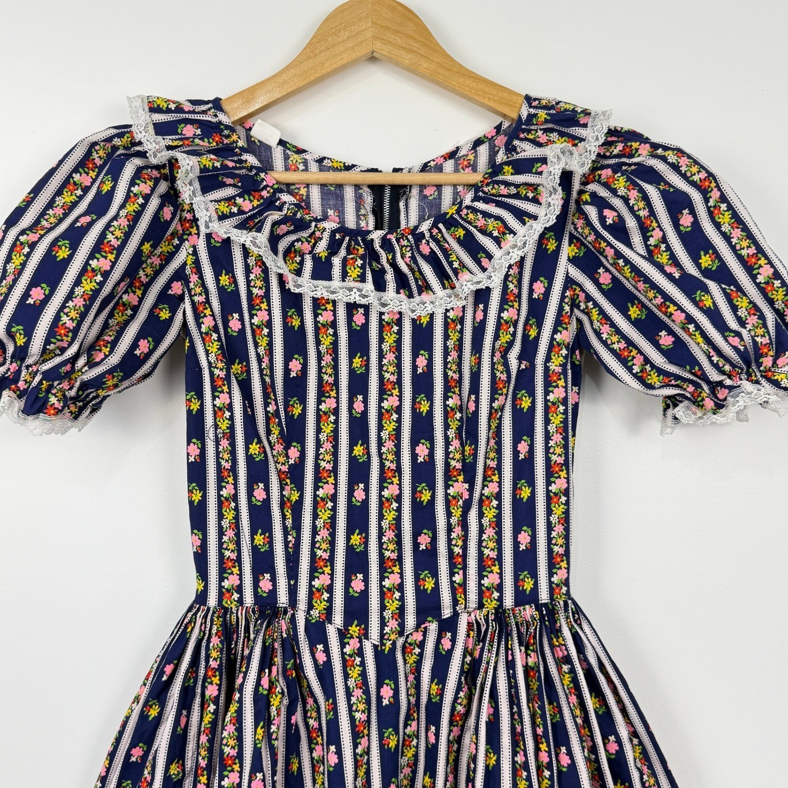 Vintage 70s Prairie Maxi Dress Womens XS Navy Floral Stripe Cottagecore