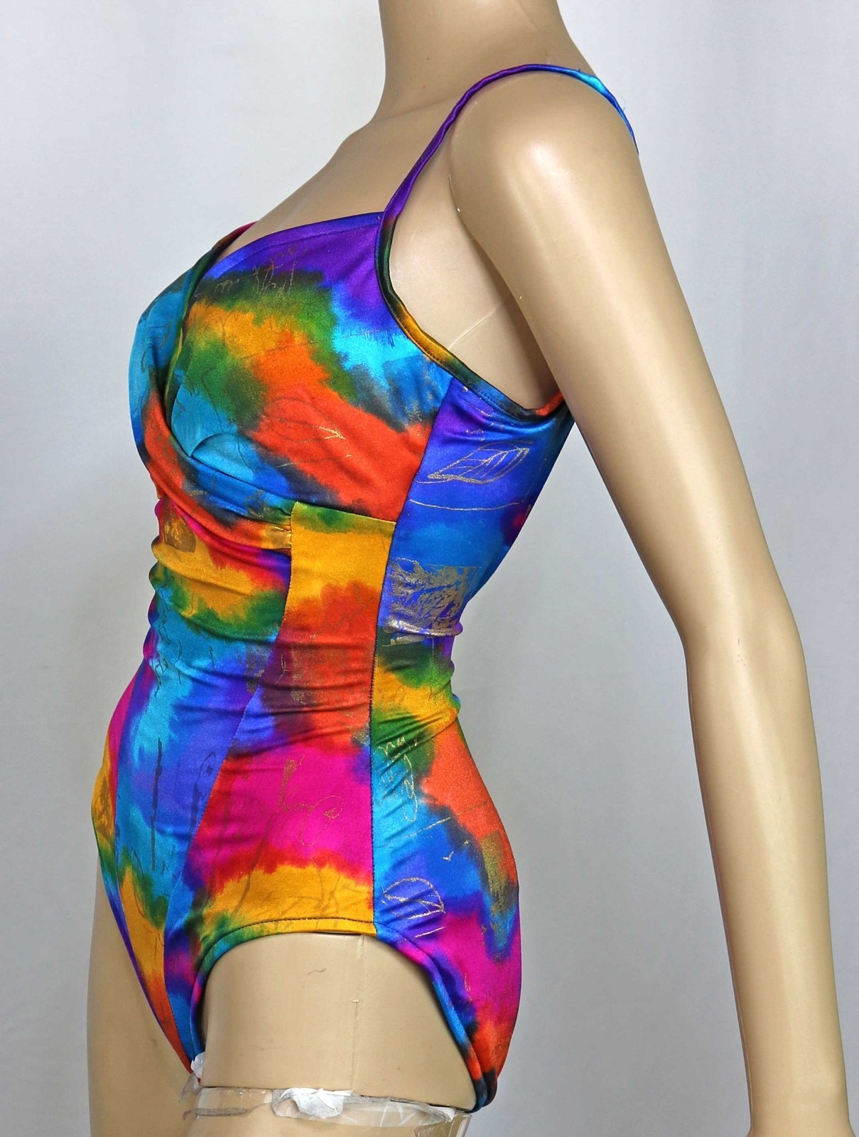 1990s Y2K Vintage Slimsuit Swimsuit with Bra Rainbow Print Metallic Gold 10