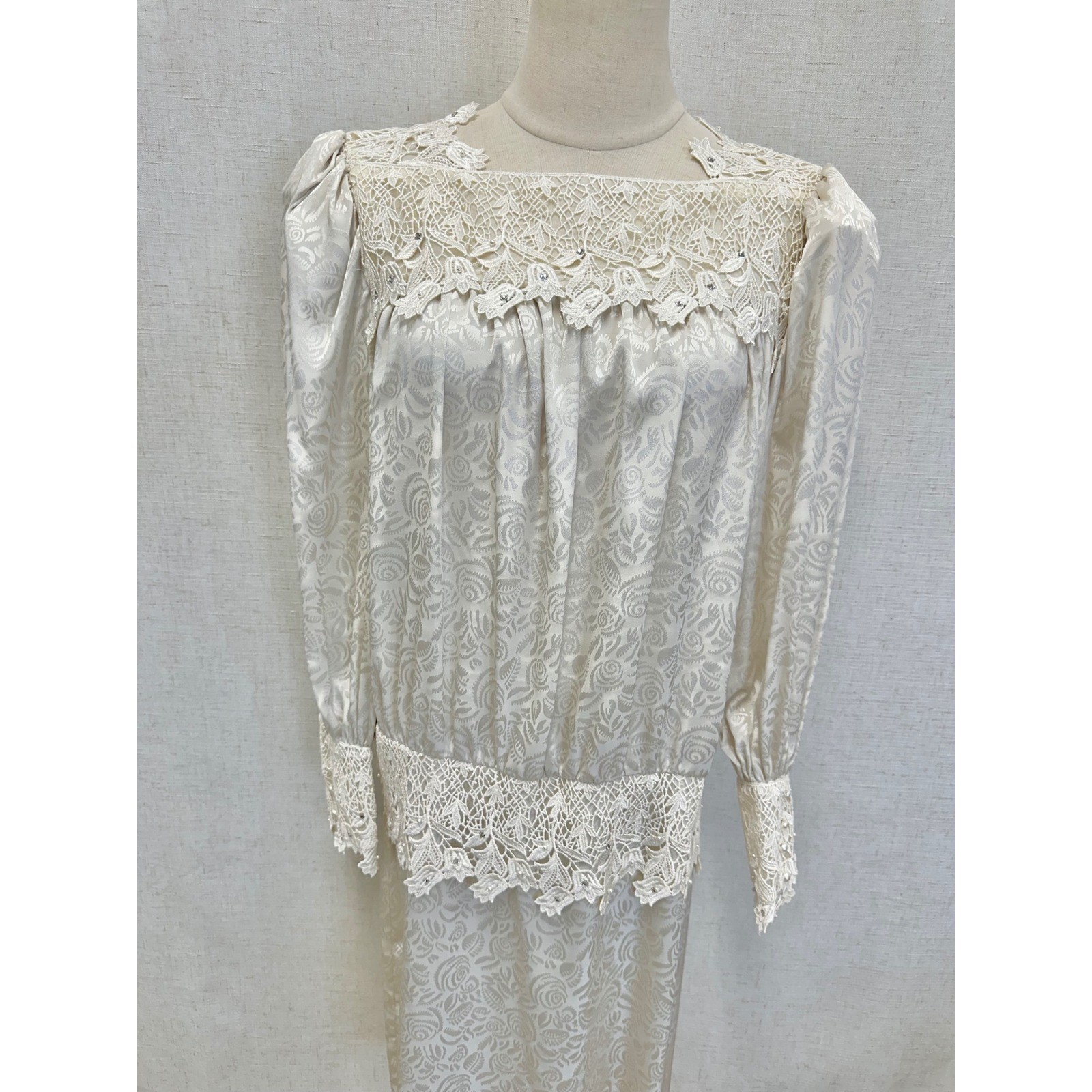 Cachet Bari Protas Floral Damask Lace Drop Waist Dress Womens 12 Cream Ivory 80s
