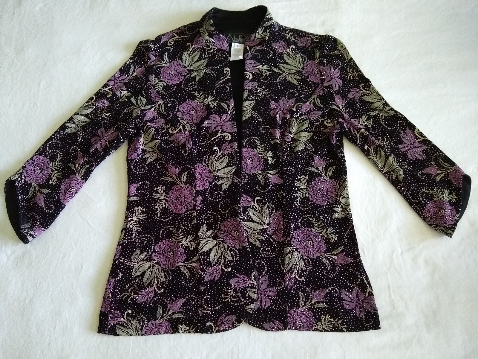 Alex Evenings Open Dinner Jacket Womens S Sequins Floral Glam Elegant Vtg USA