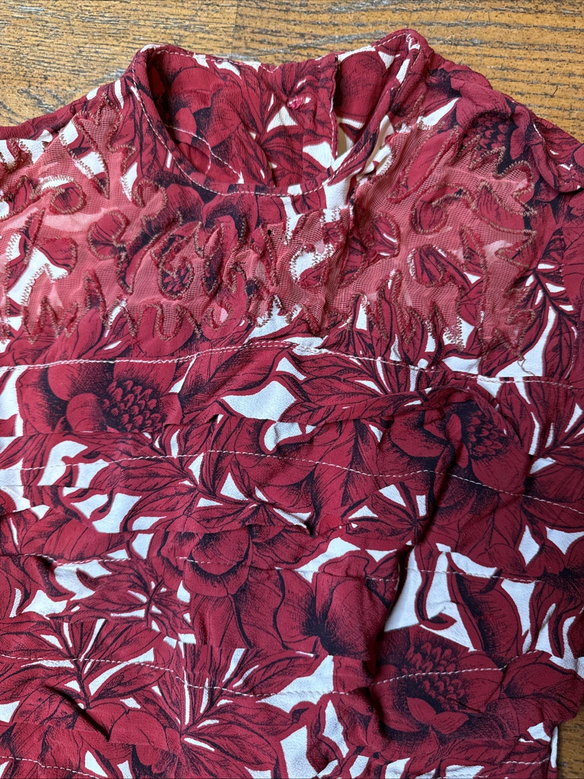 Antique 1930s Cranberry Floral Crepe Dress – Appliqué Netted Yoke – Back Buttons