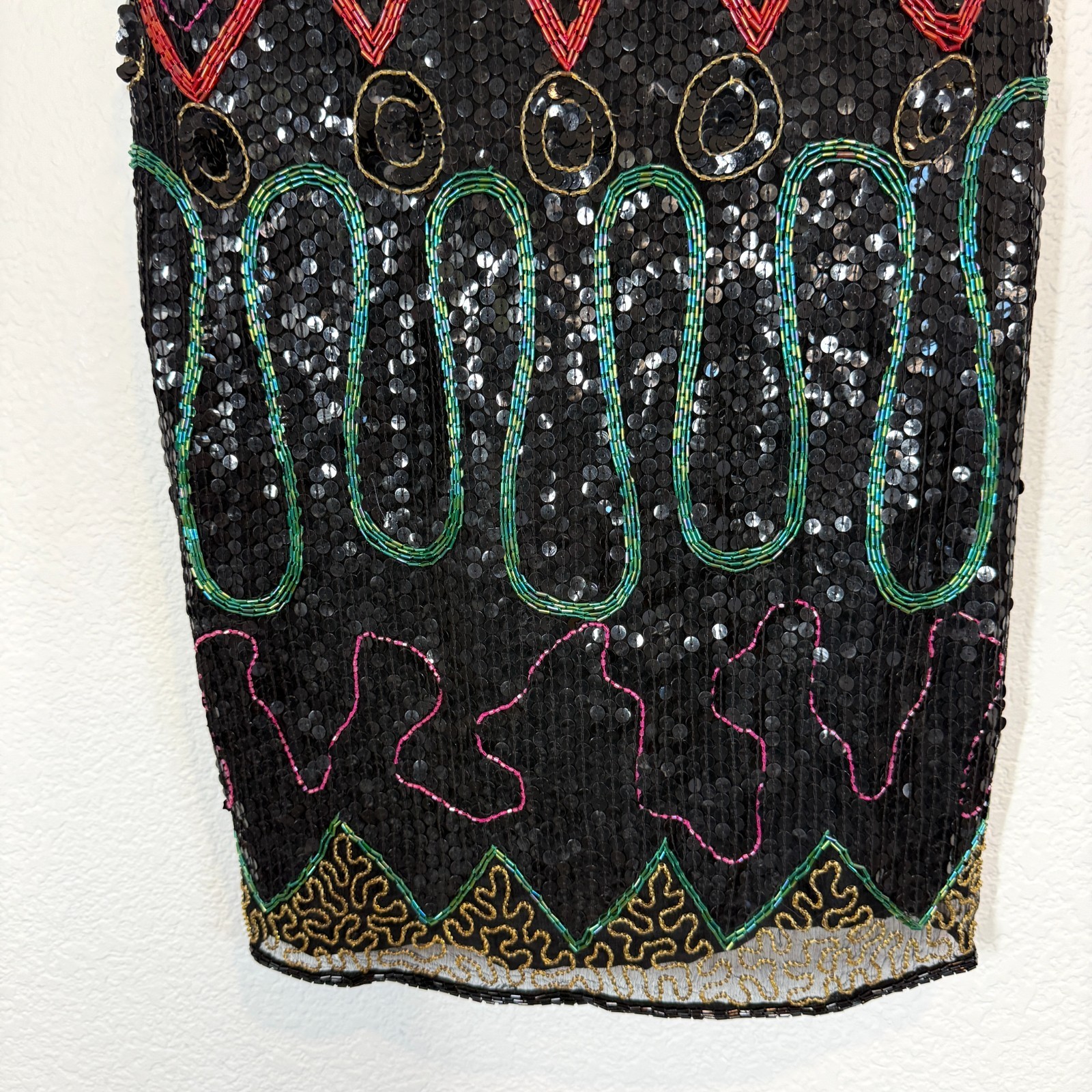 Vintage Sequin Beaded Dress Medium Silk Black 80s Backless Cocktail Party