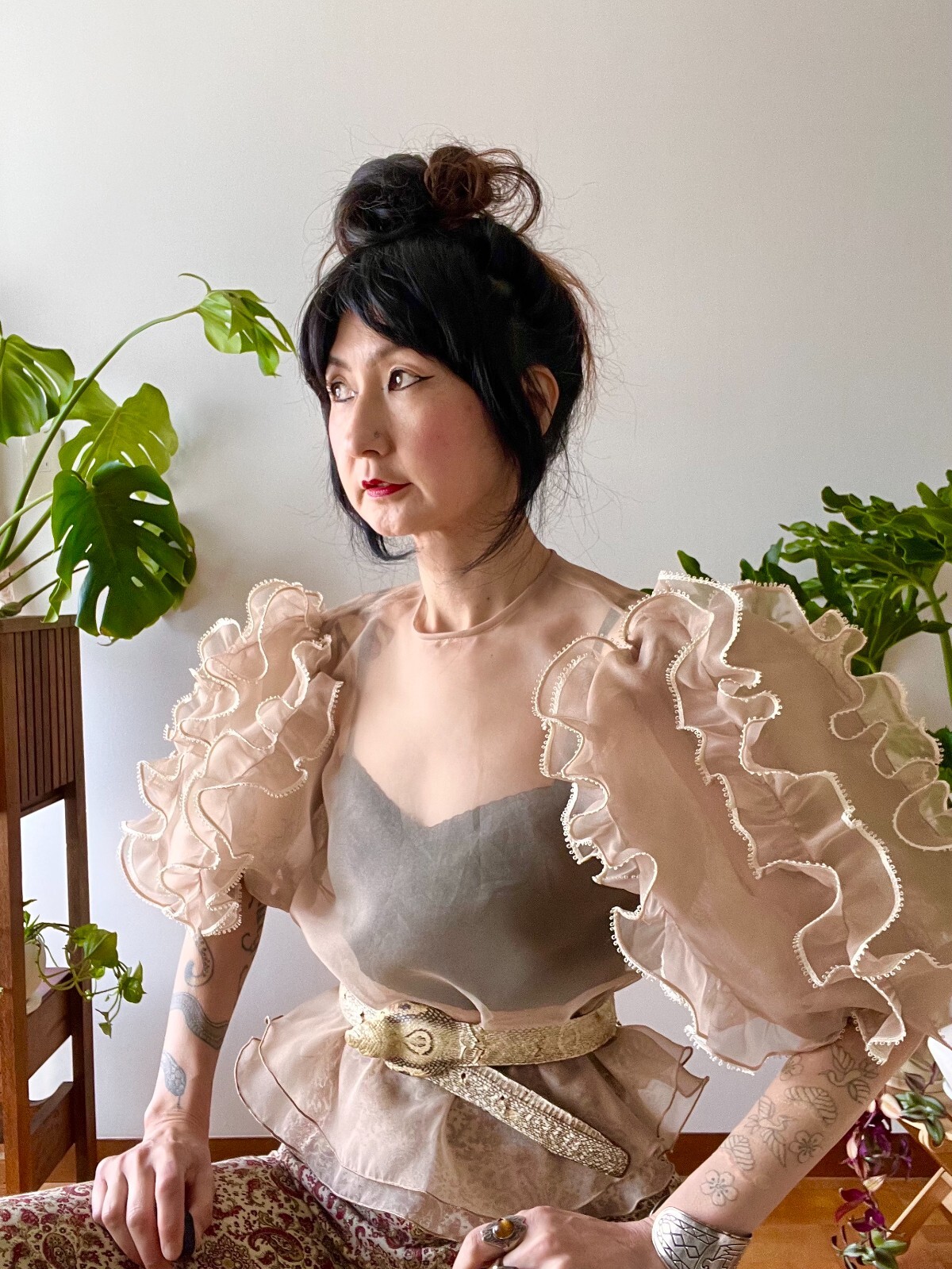 1970s Sheer Organza Ruffle Blouse – Puff Sleeve Peplum Statement Top | XS-M