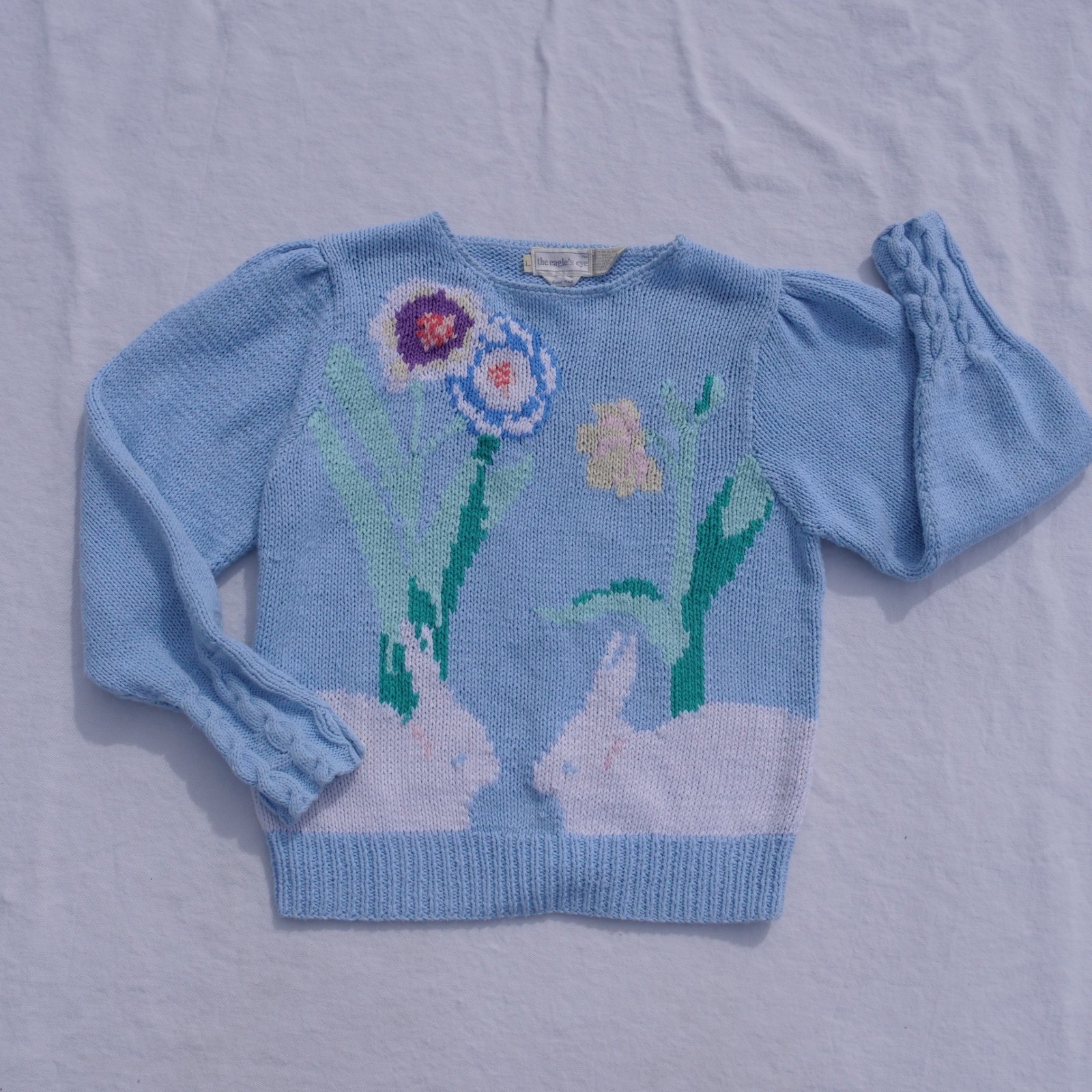 Vintage 1990s Eagle’s Eye adorable pastel bunny cotton/ramie handknit sweater