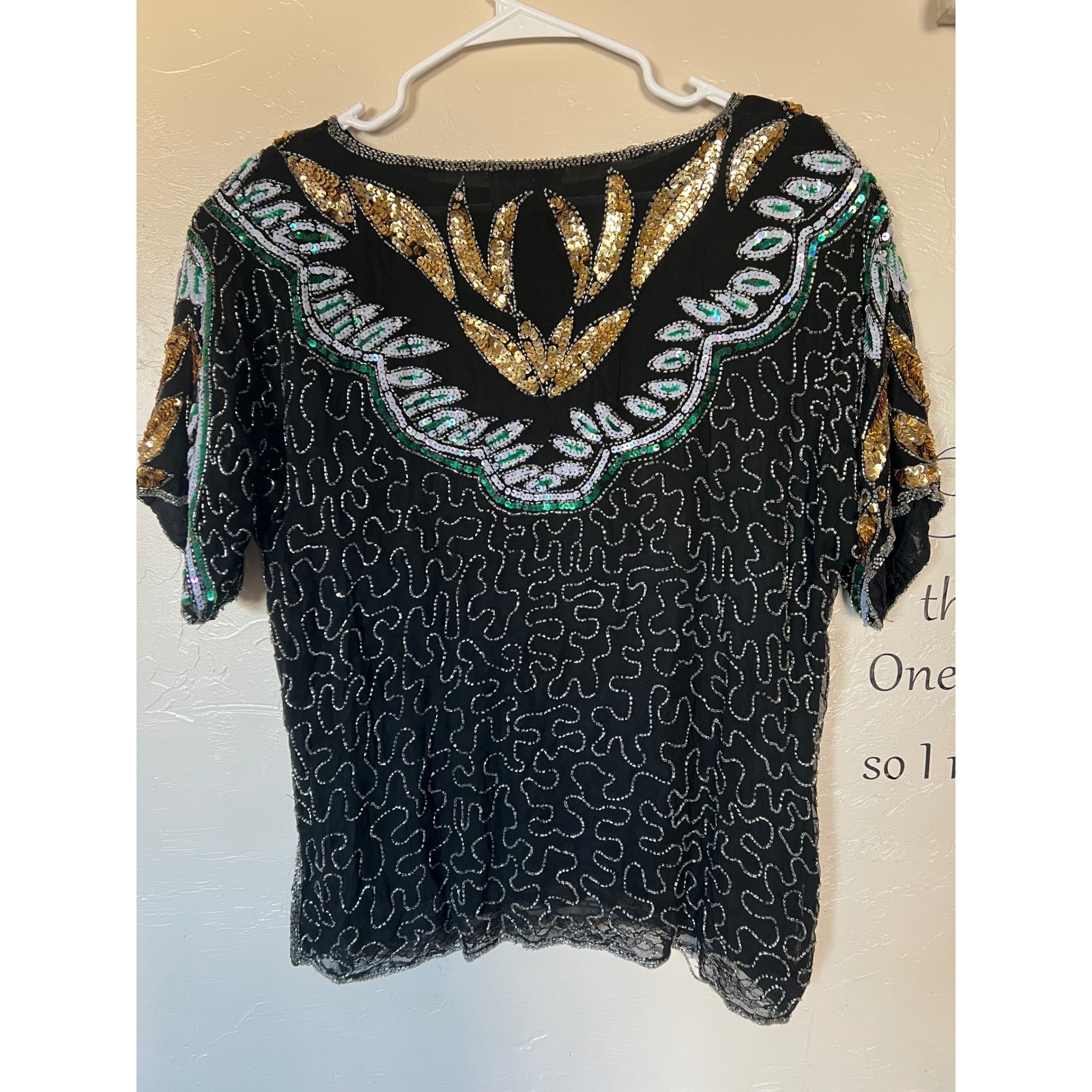 Carina Vintage Pure Silk Beaded Sequin Top Black Gold Silver Flapper Gatsby L
