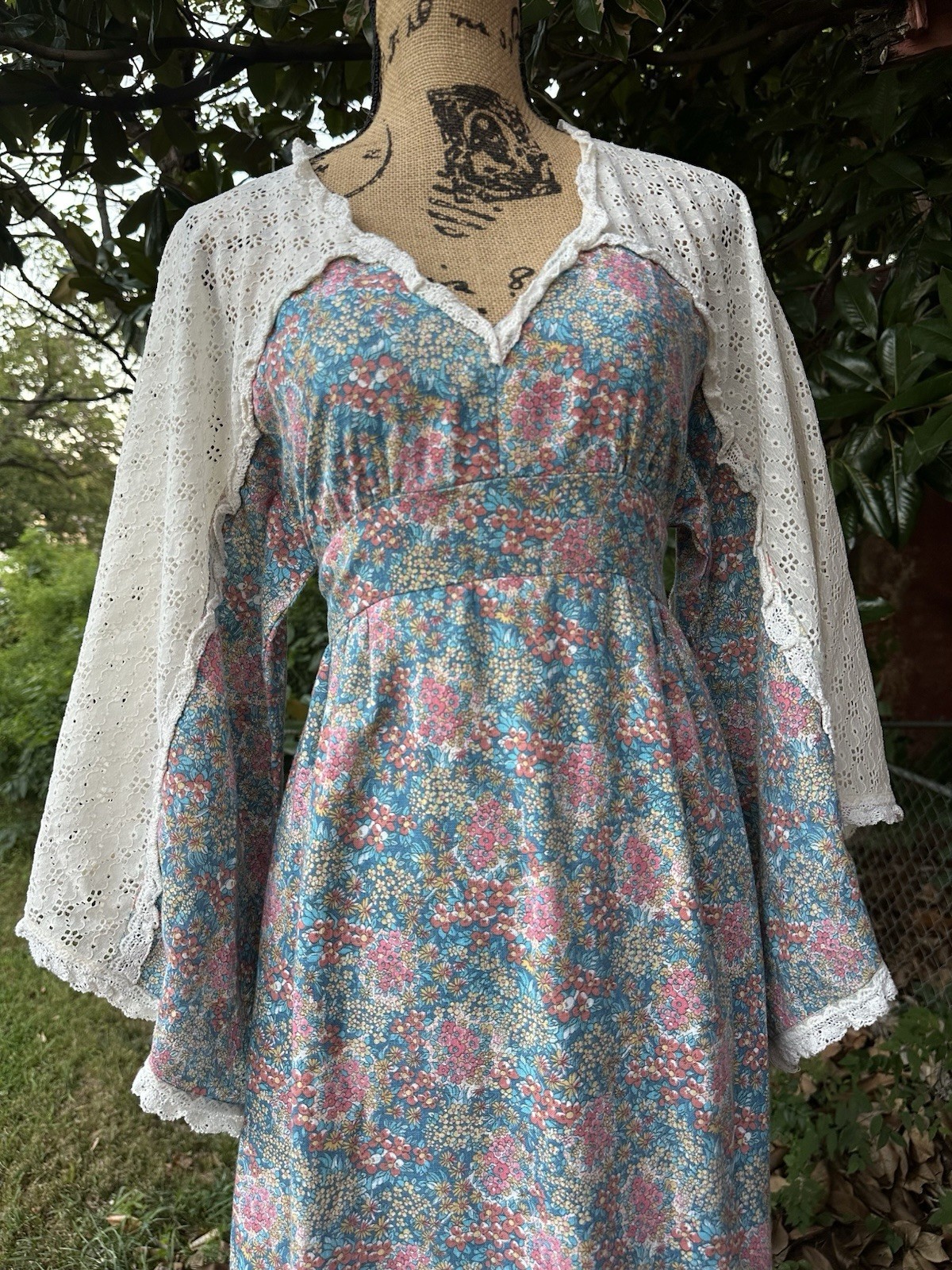 1970s Vintage Boho Prairie Floral Dress W/ Bell Sleeves