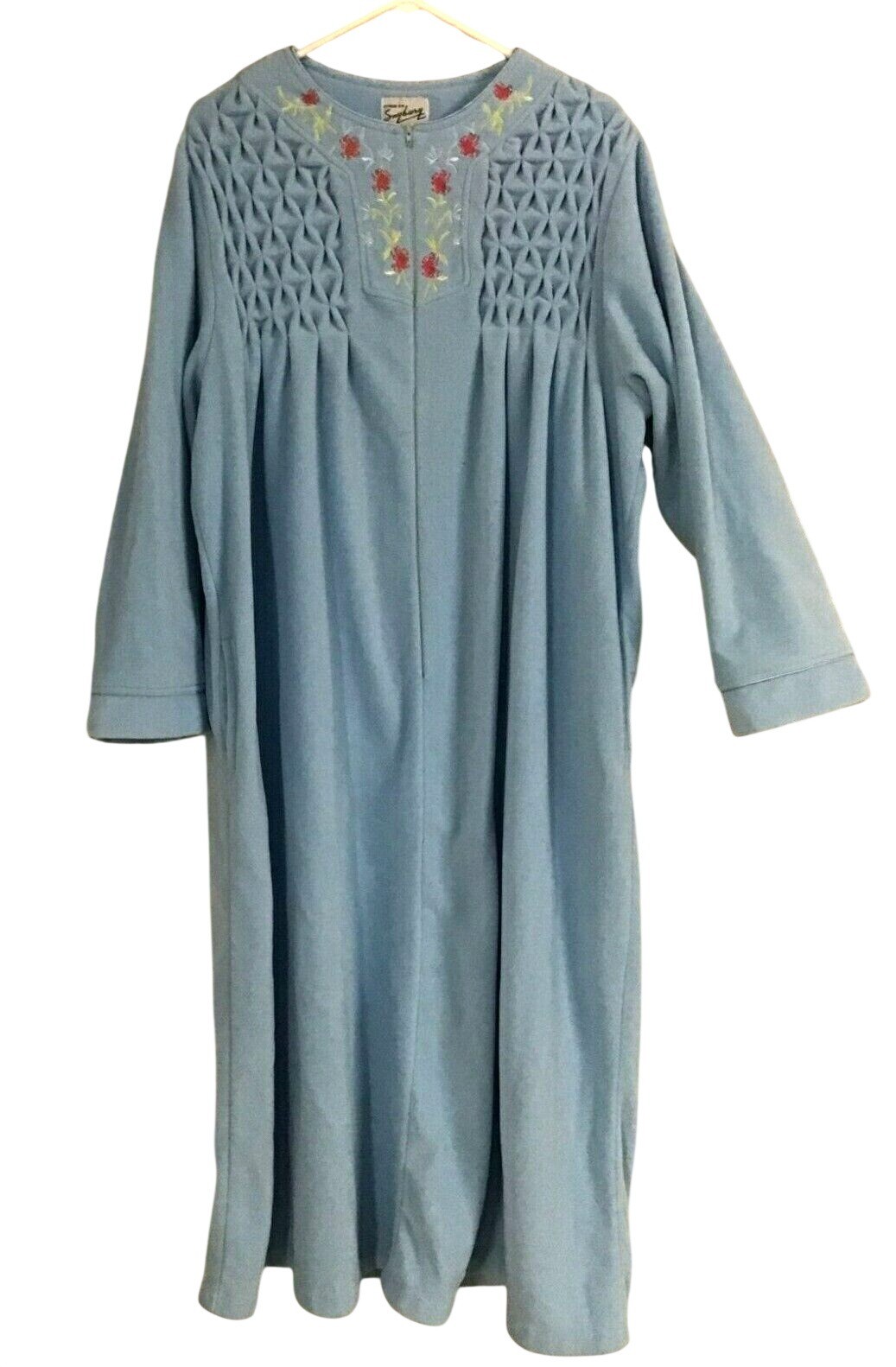 Saybury Vintage Blue Fleece Half Zip L XL Quilted Embroidered House Dress Robe
