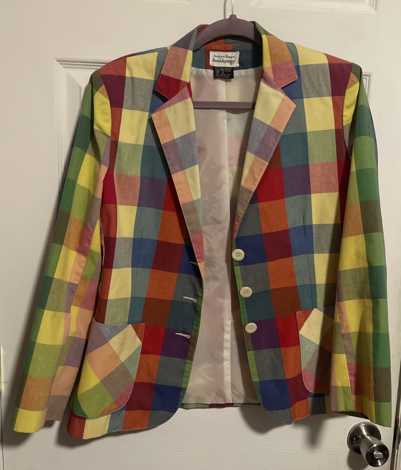 Vtg 70s 80s Donnkenny Rainbow Plaid Blazer Jacket Women Size 12 Pastel Check Lin