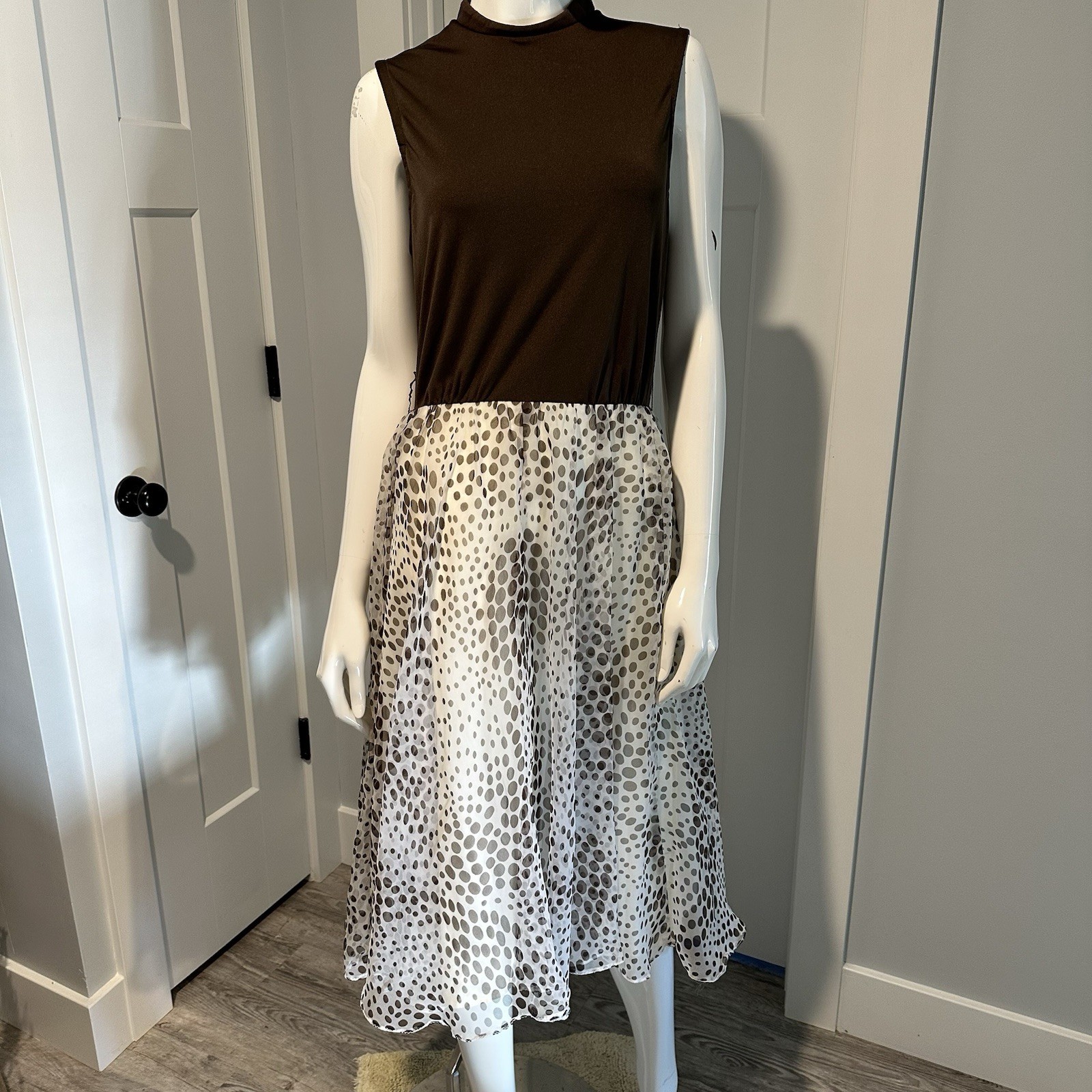 Vintage 60s 70s Jack Bryan Chocolate Brown Polka Dots Chiffon Sleeveless Dress