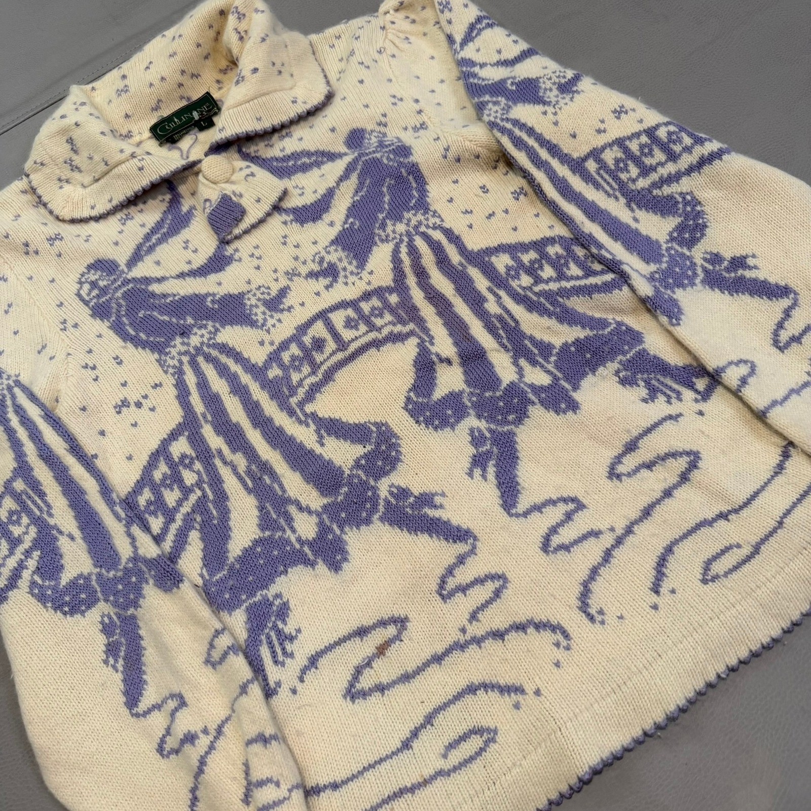 VTG Angora Lambswool Blend Sweater Ice Skate Y2K Cream Snow Fair Isle-L-4981