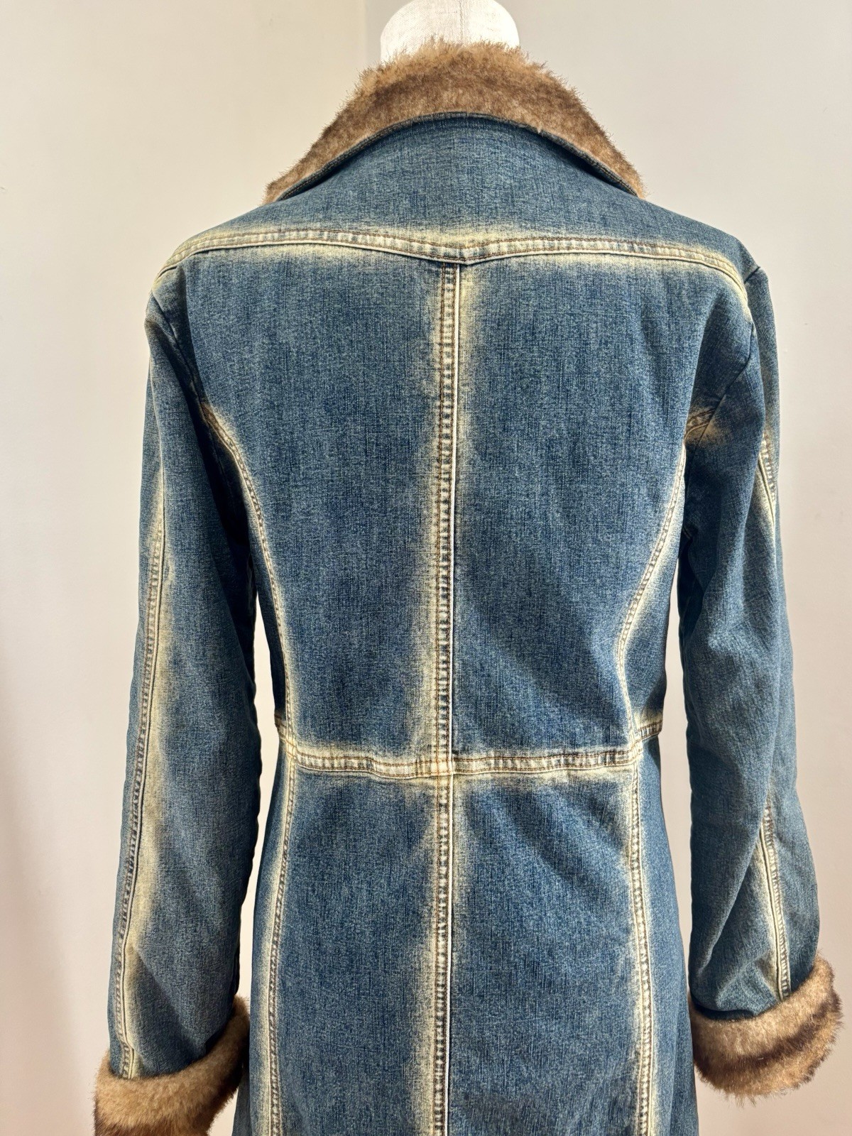 Vintage 00s Denim Coat, Faux Fur Trim, Longline Jean Jacket – S/M