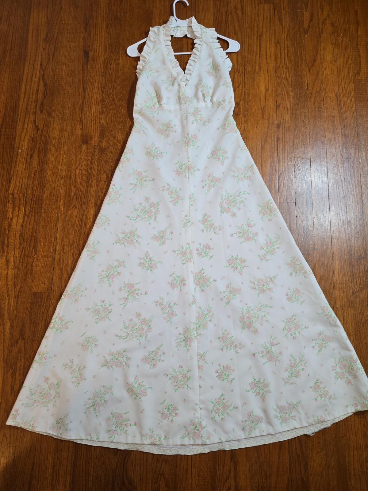 1970s Floral Halter Maxi Dress with Ruffle Trim