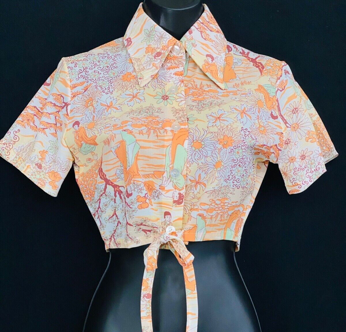 Vintage 1970s novelty print crop top geisha ladies white orange blouse tie waist