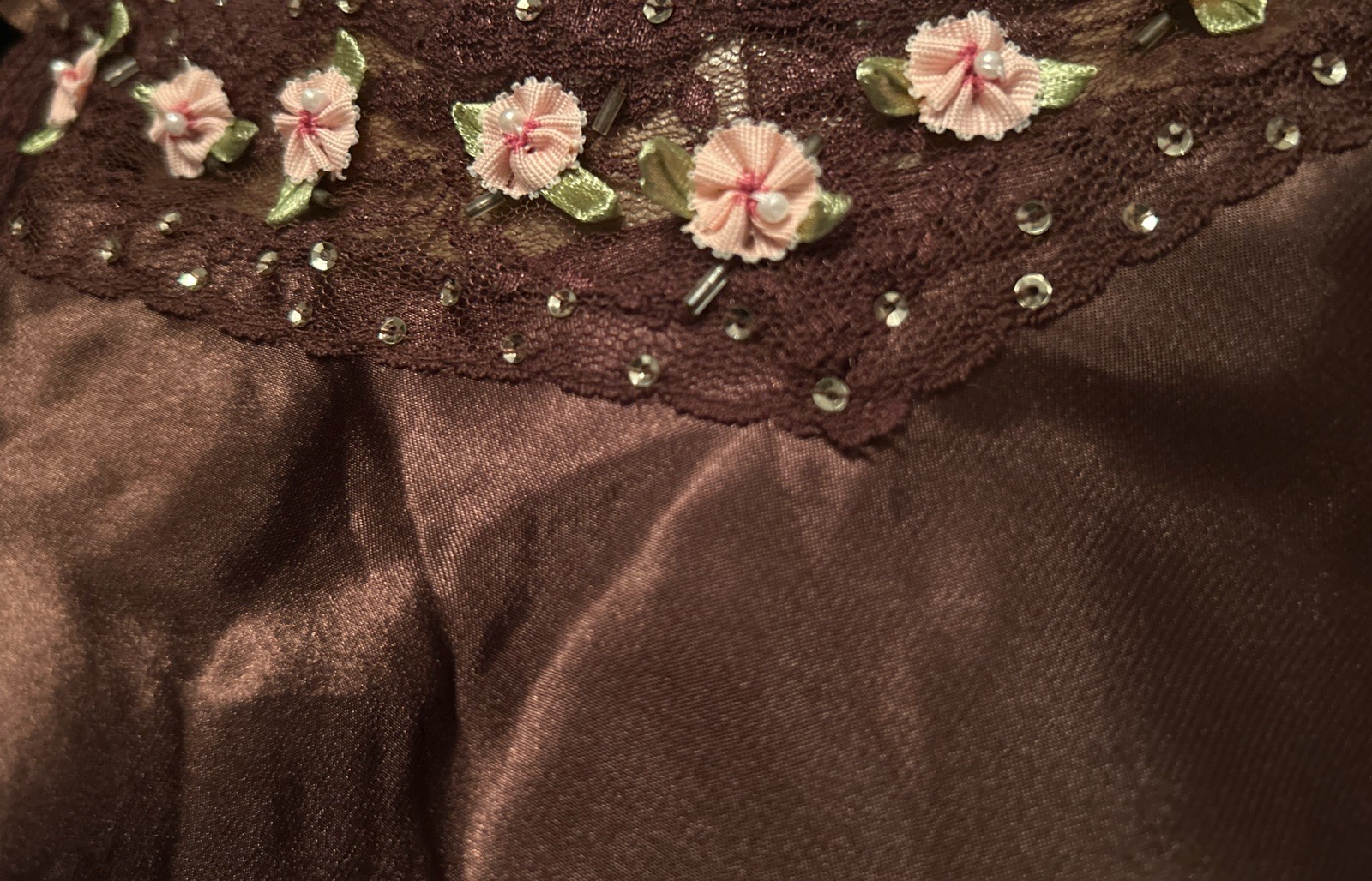 Vintage Y2K Deadstock One Step Up Satin Camisole Cami Top NWT Brown Rose Lace S